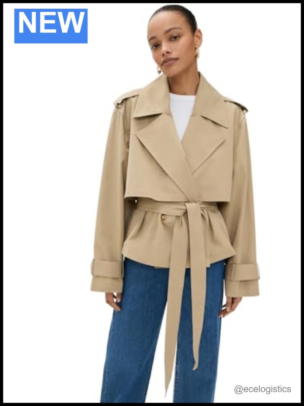 Women's Cotton Cupro Gabardine Twill Cropped Trench Coat with Belted Waist